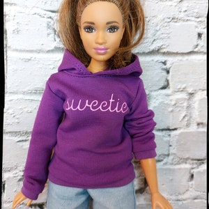 Fashion doll clothes.  Purple hoodie with SWEETIE wording. Fits original and curvy 12&quot; doll. Made on order.