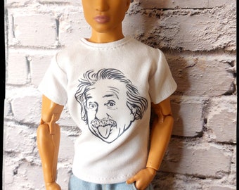 12", 1/6 scale male doll clothes, made on order, white t-shirt with Einstein print.