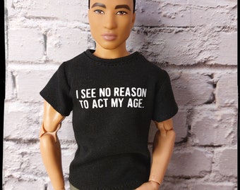 12", 1/6 scale male doll clothes, made to order, black t-shirt with print sticker.