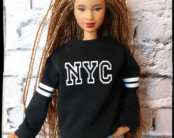 Doll clothes. Cozy sweatshirt 12 inch dolls. Black sweatshirt with NYC print. Sweater fits original and curvy male and female dolls