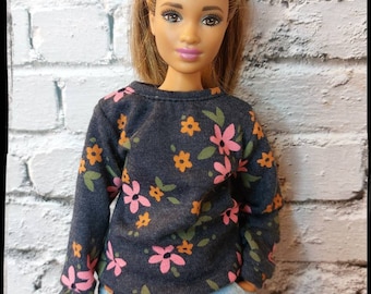 12", 1/6 doll clothes, made on order, green or blue sweatshirt with flower print.