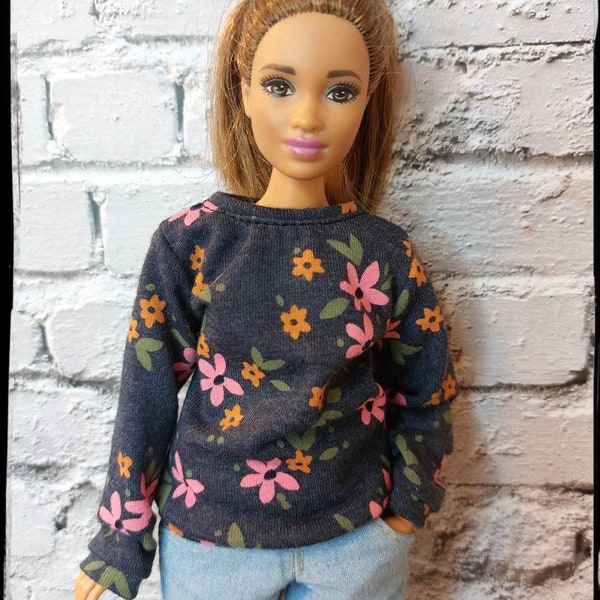 12", 1/6 doll clothes, made on order, green or blue sweatshirt with flower print.