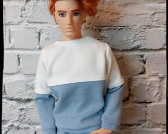 12", 1/6 scale male doll clothes, made on order, white and blue sweater