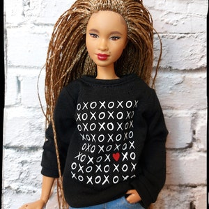 Fashion doll clothes. Made on order. Black sweatshirt with &quot;xoxo&quot; print. Fits curvy and original size 12&quot; doll