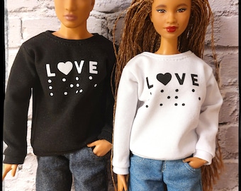 12", 1/6 scale doll clothes, made on order, black or white sweatshirt with a word LOVE in Braille alphabet. Made on order
