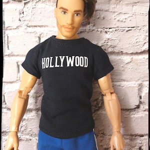 Fashion doll clothes. Made for 12&quot; male size doll. Made on order. Dark blue t-shirt with white HOLLYWOOD print.