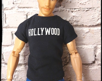 Fashion doll clothes. Made for 12" male size doll. Made on order. Dark blue t-shirt with white HOLLYWOOD print.