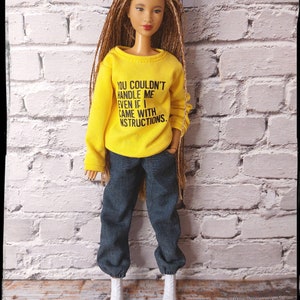 Doll clothes. Cozy sweatshirt for 12 inch dolls. Yellow sweatshirt with print. Sweater fits original and curvy male and female dolls image 2
