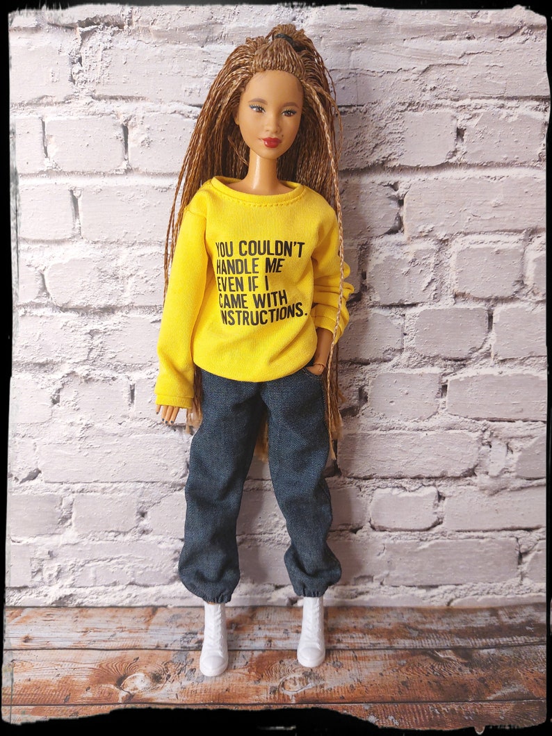 Doll clothes. Cozy sweatshirt for 12 inch dolls. Yellow sweatshirt with print. Sweater fits original and curvy male and female dolls image 2