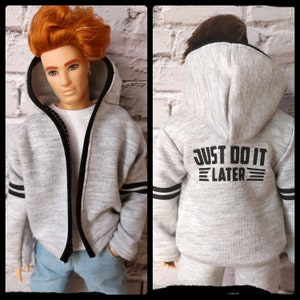 Open hoodie for 12&quot; doll. Spring/autumn light jacket, gray with black stripes and writing &quot;Just do it later&quot;. Made on order.