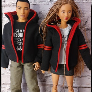 Fashion doll clothes. Spring/autumn light jacket. Black with red stripes. Made on order. In female and male size.