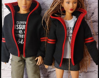 Fashion doll clothes. Spring/autumn light jacket. Black with red stripes. Made on order. In female and male size.