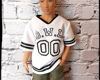 CUSTOMIZABLE male fashion doll clothes. Made on order. White jersey with customized number and word. Fits original and buff size 12" dolls.