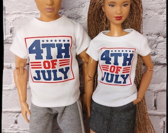 12", 1/6 scale doll clothes, made on order, white t-shirt with "4th of July" print.