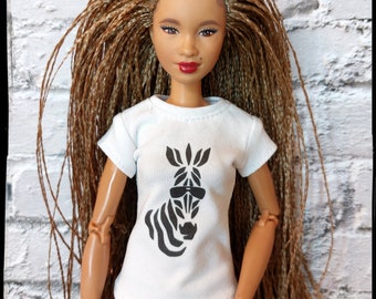 Fashion doll clothes. Made on order. White t-shirt with ZEBRA image print. Available in original and curvy size. Fashion doll outfit.