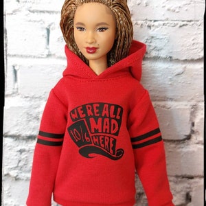 12&quot;, 1/6 scale male and female doll clothes, made on order, red hoodie with black print