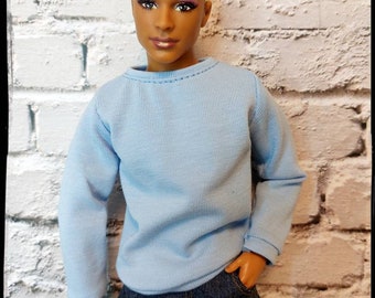 Male doll casual clothes, Ken sized doll sweater, made on order, baby blue shade, 12" size, 1/6 scale, handmade