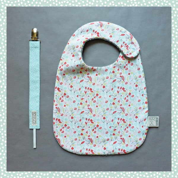 Ensemble Bavoir & Attache tétine motif Fleurs, pois vert d'eau, cadeau naissance