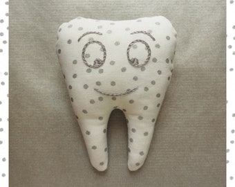 Milk tooth cushion, silver polka dots, gray rice grains, little mouse, tooth fairy, hand embroidery