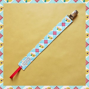 Pacifier clip Yellow birds, retro print, green and red checks, pacifier clip, birth gift
