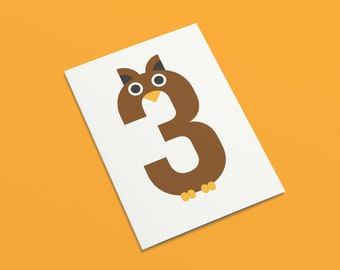3rd birthday card for boys and girls | Age 3 birthday card | 3 year old birthday card | Owl animal card | Third anniversary card