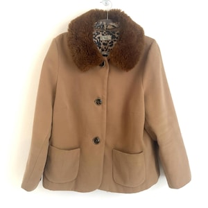 May include: A tan coat featuring a brown faux fur collar, three dark buttons down the front, and two large patch pockets. The interior lining is visible at the neckline and displays a black and tan leopard print pattern on a light background.