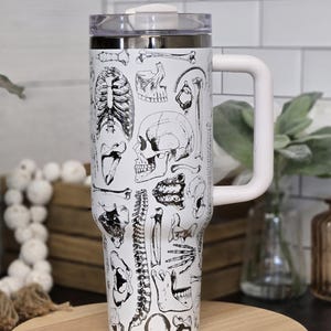 Skeleton Sketch Tumbler with Handle, Gothic Anatomy Coffee Mug