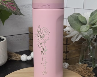Personlig födelseblomma Owala-mugg, anpassad namnmugg med gravyr och blommotiv