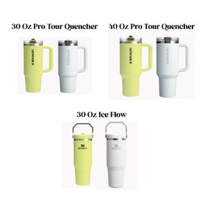 May include: A collection of Stanley tumblers in various sizes and colors. The image features 30 oz and 40 oz Pro Tour Quenchers, and 30 oz Ice Flow tumblers. The tumblers are available in light yellow and white. Each tumbler has a handle and a lid.