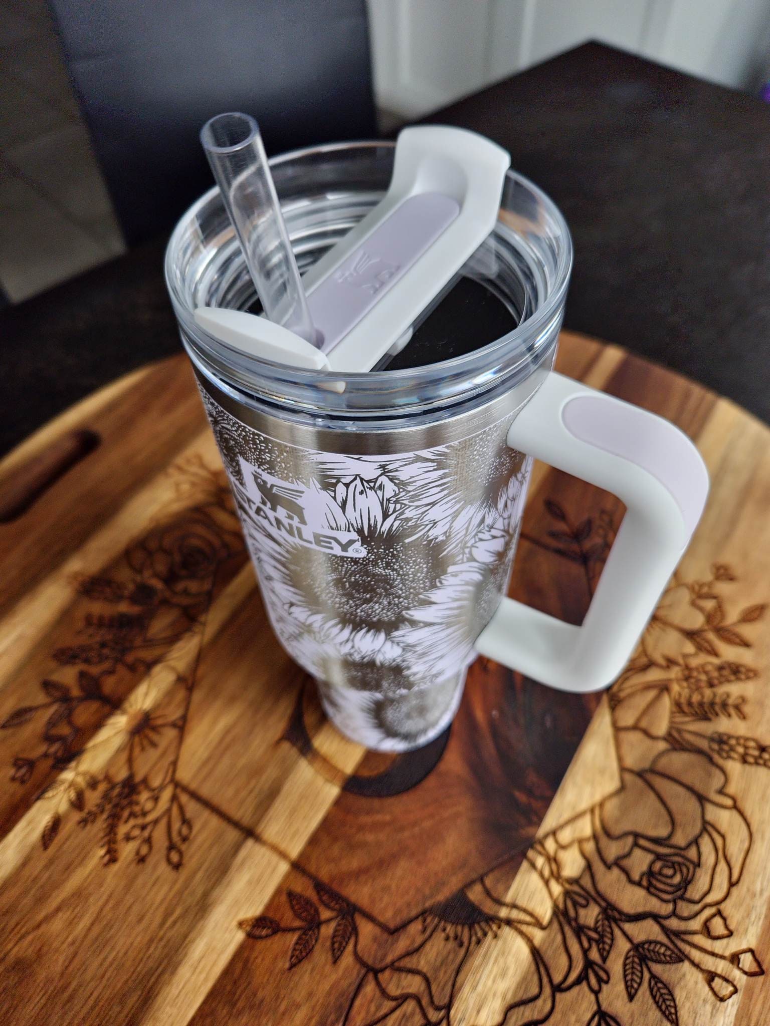 Sunflower Stanley Tumbler, Engraved 40oz Quencher, Personalized Travel Mug  With Handle, Large Coffee Cup, Water Bottle Floral Full Wrap 