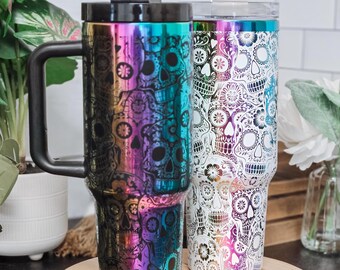 Sugar Skull Tumbler Custom Laser Graved 30 oz Cup, Gothic Día de los Muertos