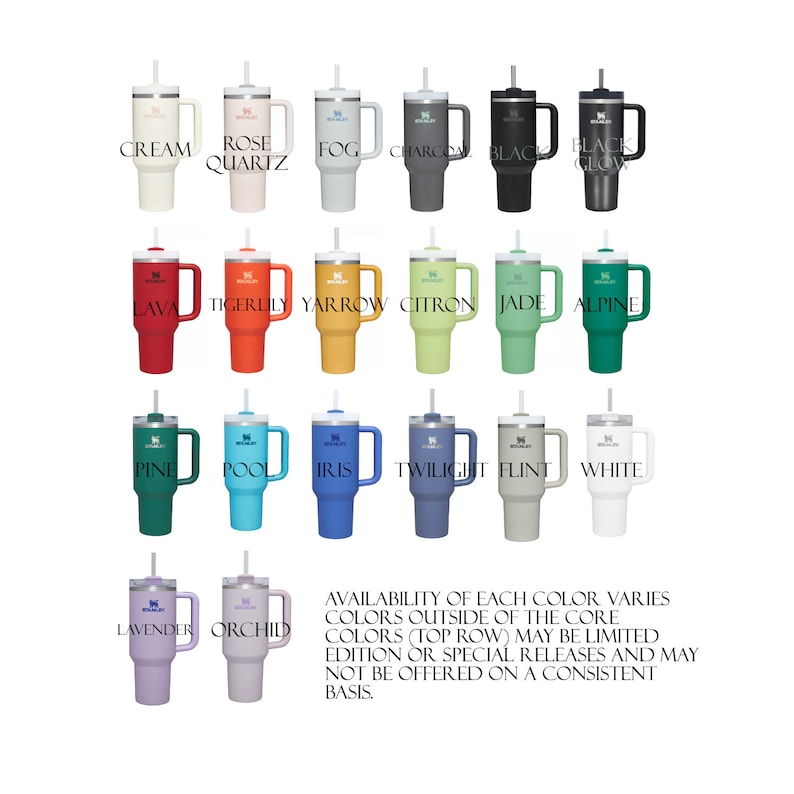 May include: A collection of insulated tumblers in various colors, each with a handle and straw. Colors include cream, rose quartz, fog, charcoal, black, lava, tigerlily, yarrow, citron, jade, alpine, pine, pool, iris, twilight, flint, white, lavender, and orchid.