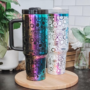 Sugar Skull Laser Engraved Tumbler - 40 oz Stainless Steel Cup| Día de los Muertos Gift| Gothic Boho Drinkware| Customizable Halloween Mug