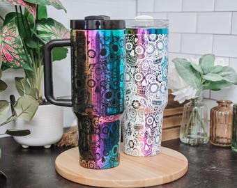 Sugar Skull Laser Graved Tumbler 40 Oz Cup - Gothic Día de los Muertos