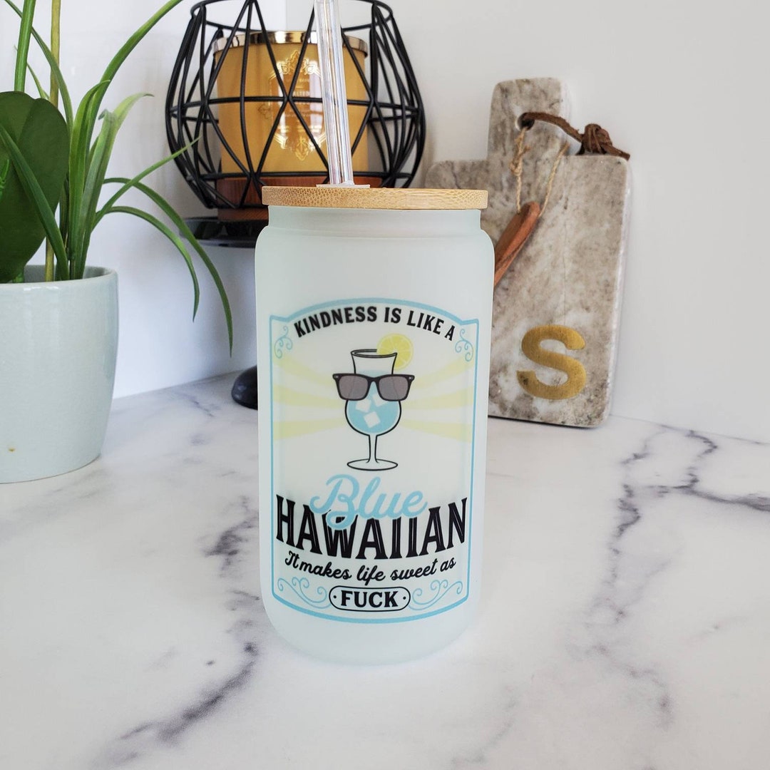 Blue Hawaiian Color Changing Glass Beer Can | Bamboo Lid & Straw - Etsy