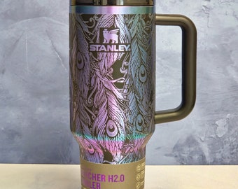 Peacock Feather 30 oz Custom Laser Engraved Stanley Tumbler, Elegant Peacock Feather full wrap design, Gift for Animal Lover, Perfection