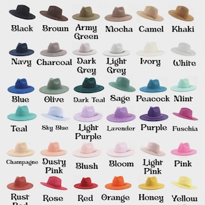 May include: An assortment of vegan suede hats in a range of colours, such as black, brown, and navy. The hats are labelled with names like "Army Green," "Camel," and "Lavender." The image presents a selection of fedora-style hats.