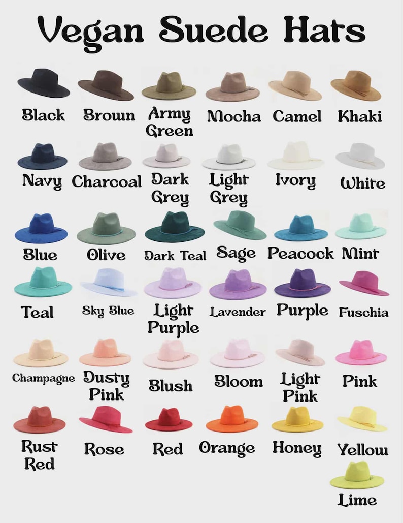 May include: An assortment of vegan suede hats in a range of colours, such as black, brown, and navy. The hats are labelled with names like "Army Green," "Camel," and "Lavender." The image presents a selection of fedora-style hats.