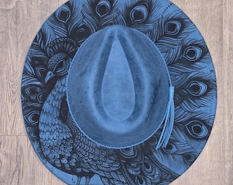 Peacock Engraved Vegan Suede Cowboy Fedora Wide Brim Adjustable Hat