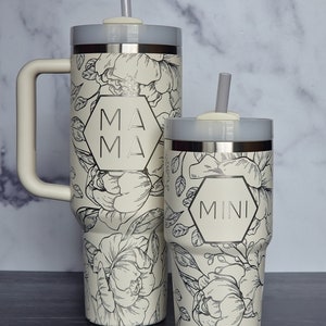 Mama and Mini Set Floral Stanley Quenchers 2.0 Peony Floral Full Wrap  Engraved Stanley Quencher H2.0 Water Bottle Mother's Day Gift 