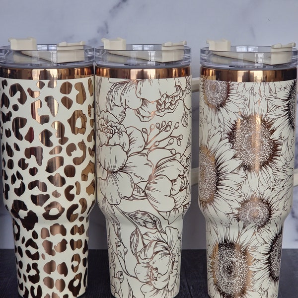 Copper and Cream 40 Oz Engraved Tumbler | Magnolia Copper Floral Design| Gifts for Her| Engraved Tumbler | Sunflower Copper| Leopard Print|