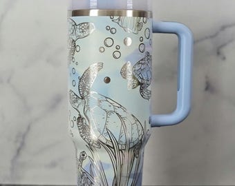 Sea Turtle 40 oz Tumbler with Handle, Pastel Ocean Travel Mug