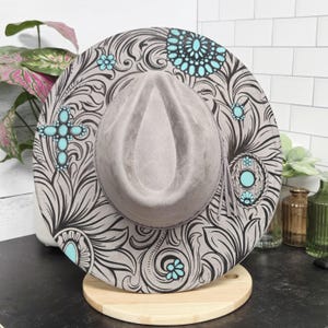 Western Turquoise Engraved and Painted Vegan Suede Cowboy Fedora Wide Brim Adjustable Hat