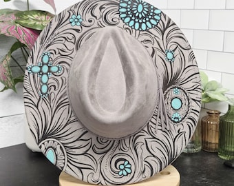 Western Turquoise Engraved and Painted Vegan Suede Cowboy Fedora Wide Brim Adjustable Hat