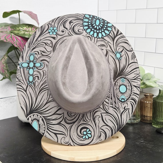 Western Turquoise Engraved and Painted Vegan Suede Cowboy Fedora Wide Brim Adjustable Hat