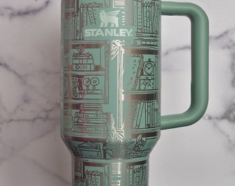 Library Bookshelf Tumbler 30 Oz Quencher 2.0, bookstacks and plants, Full wrap engraved Tumbler, Gift for Book Lovers and Readers, hydration