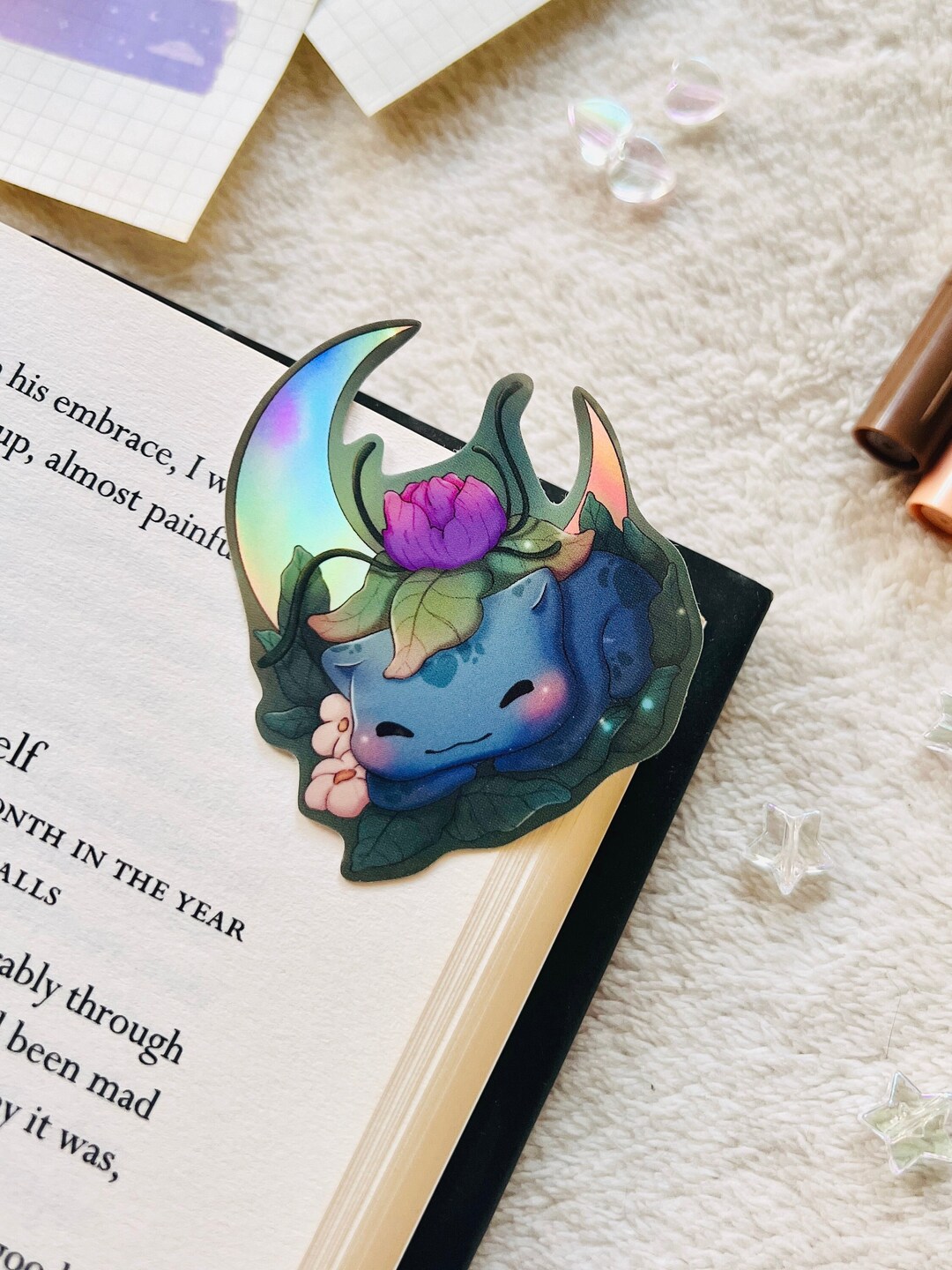 Sleepy Bulbasaur Holographic Sticker Cottagecore Aesthetic, Grass Type