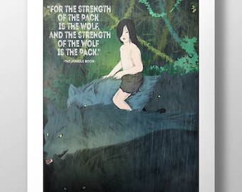 Jungle Book Quote Poster Print - Gifts for Book Lovers, Bookworms, Teachers, Librarians - Wall Art Decor - Strength of the Pack is the Wolf