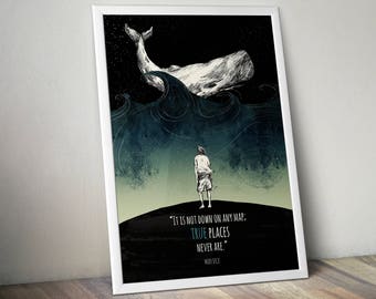 Arte de Moby Dick, arte de pared imprimible, póster con cita de Herman Melville, impresión de descarga digital, no aparece en ningún mapa, los lugares verdaderos nunca aparecen