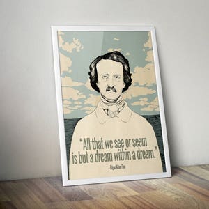Edgar Allan Poe Art, Drukowalna sztuka ścienna, Plakat z cytatem Dream Within A Dream, Cyfrowe pobieranie wydruku, Prezent dla miłośnika książek, bibliotekarza, nauczyciela